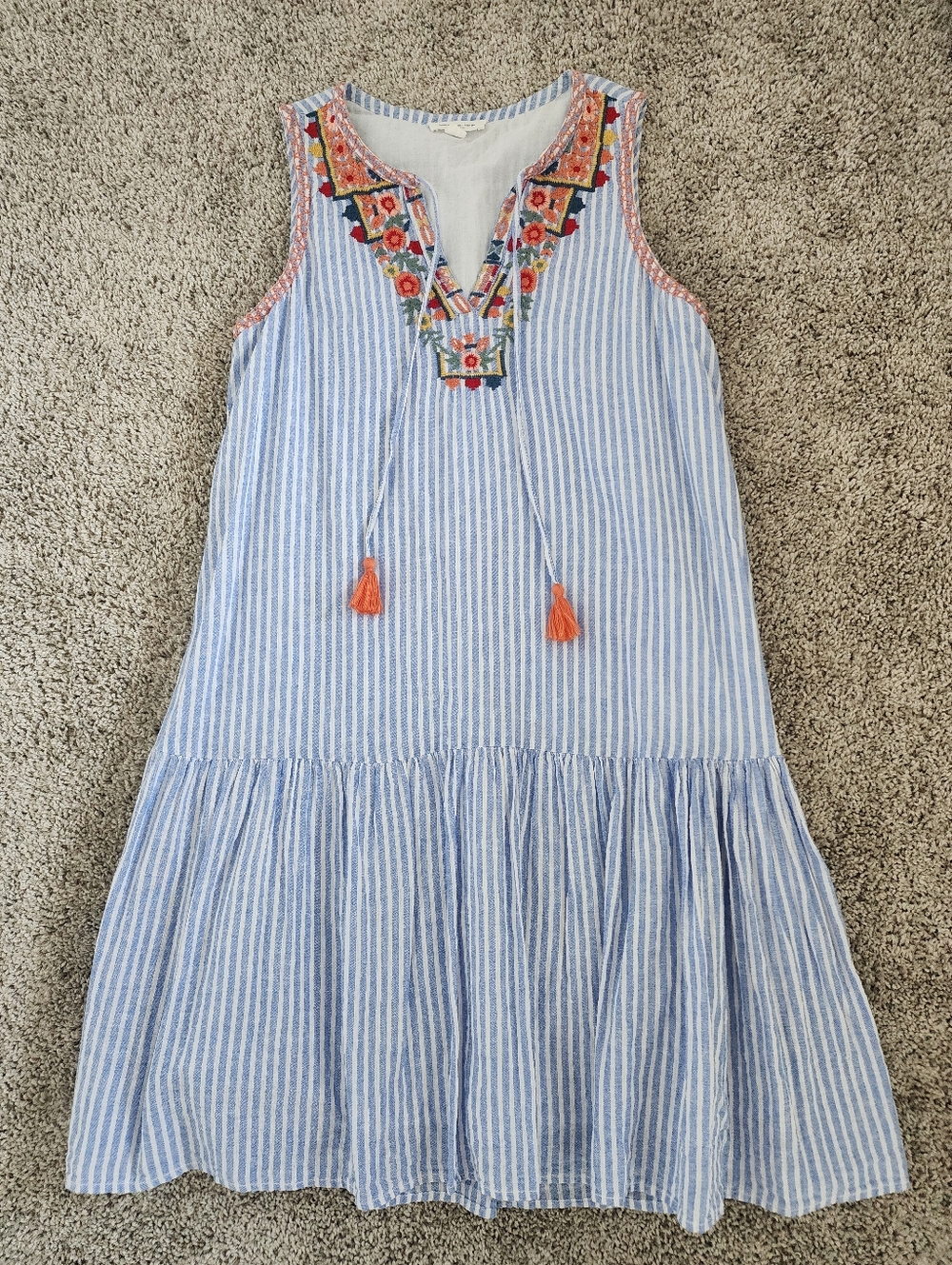 Beach Striped Embroidered Tassel Sundress - Blue & White